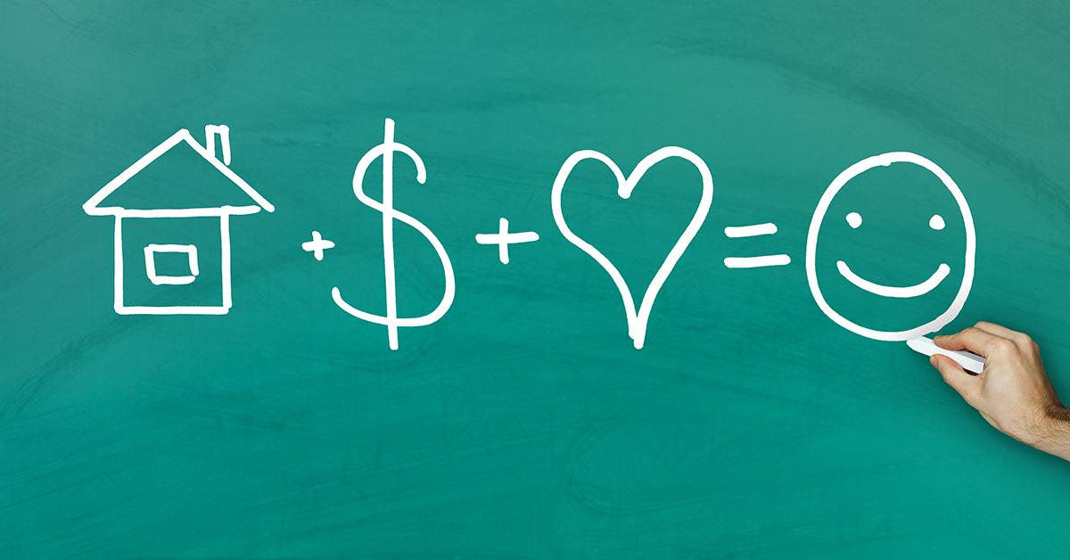 a chalkboard drawing of an equation: house plus money plus heart equals happy