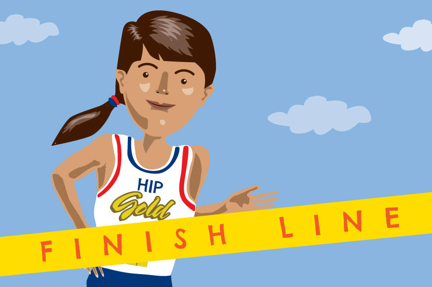 HIP Gold Games cartoon participant running through finish line
