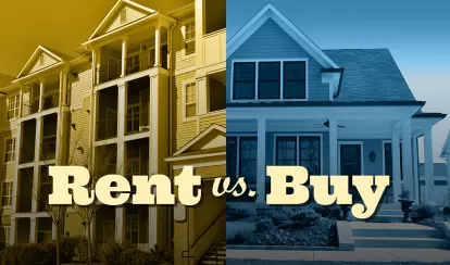 an apartment complex next to a single-story house with the text: rent versus buy?