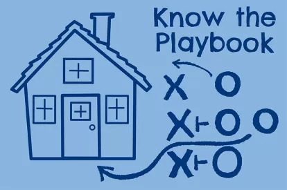 A home with x and o like a football playbook with text "know the playbook"
